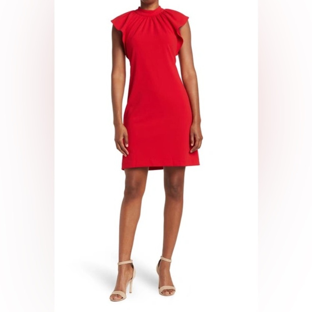 Calvin Klein mock neck ruffle shoulder shift Dress, Sz. 8